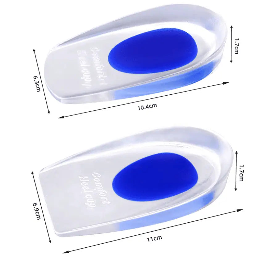 Storleksguide för hälinlägg i gel: S cirka 10,4 × 6,3 cm och L cirka 11 × 6,9 cm, höjd 1,7 cm.