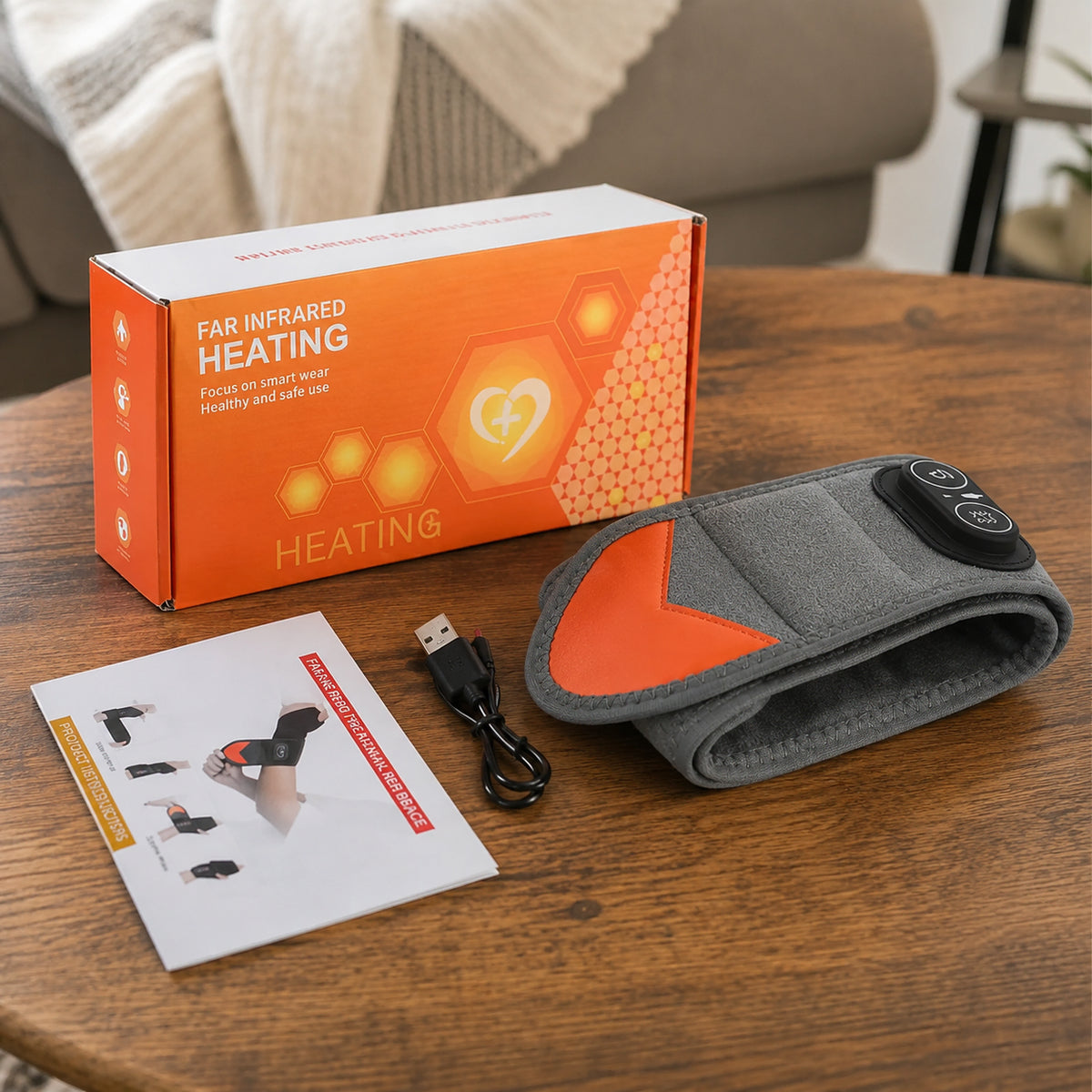 Handledsband med rödljusterapi, värme och vibrationsmassage tillsammans med laddkabel, manual och förpackning.