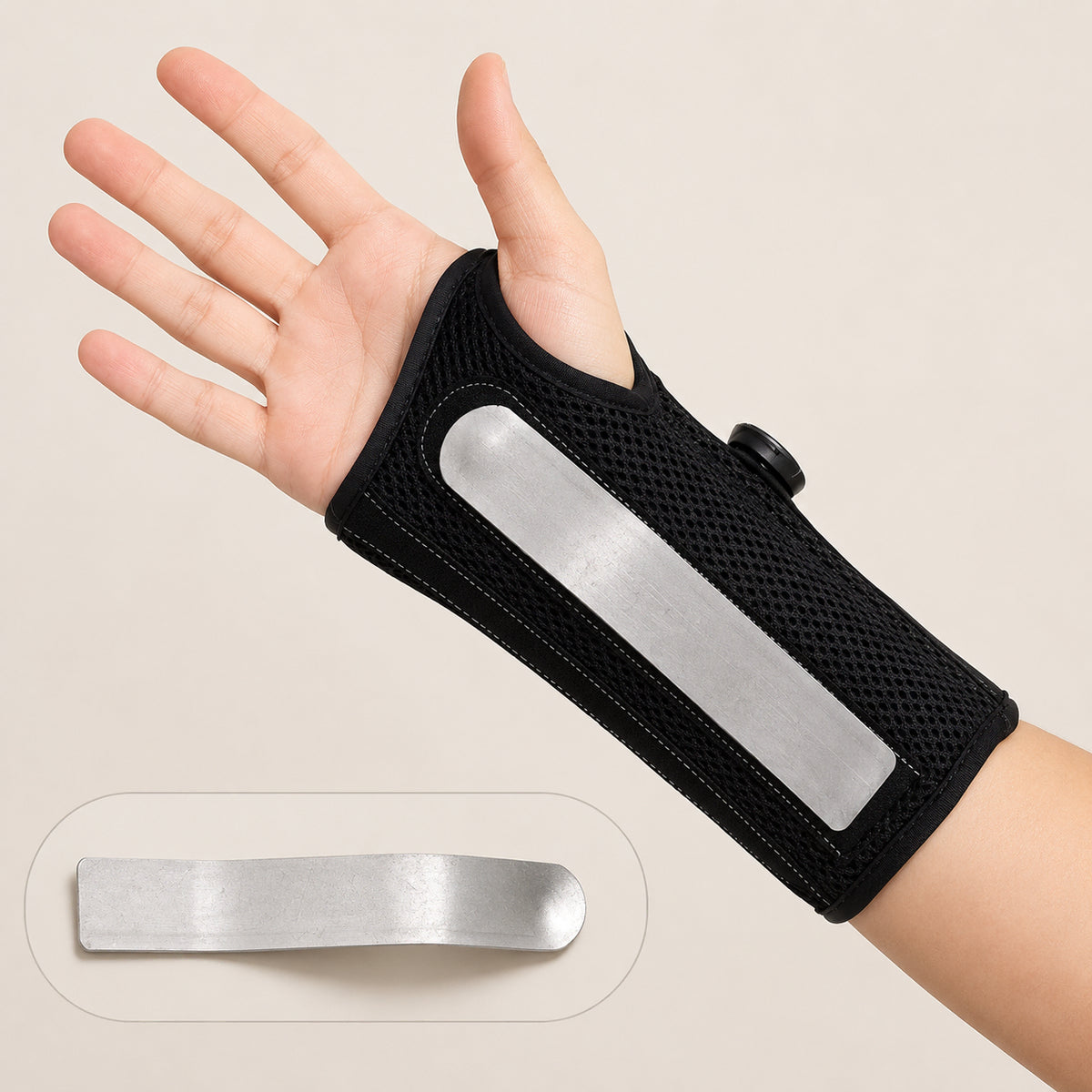 Svart tum- och handledsstöd med vridspänne och avtagbar aluminiumskena.