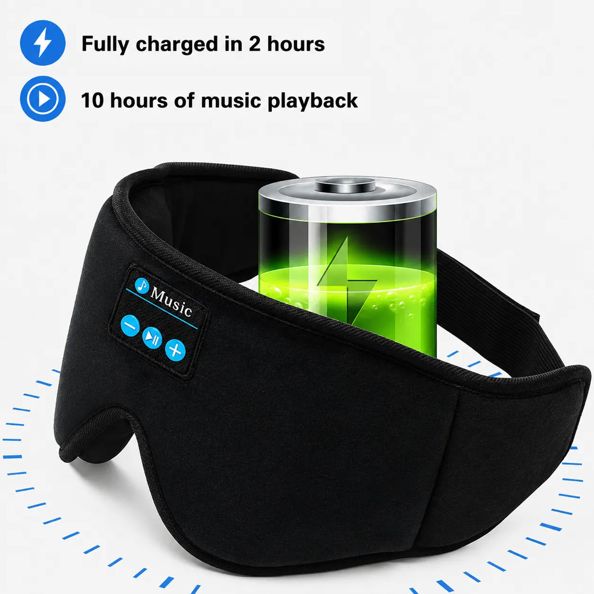 Bluetooth-sovmask med inbyggda hörlurar, 10 timmars musikuppspelning och snabb laddning på 2 timmar.