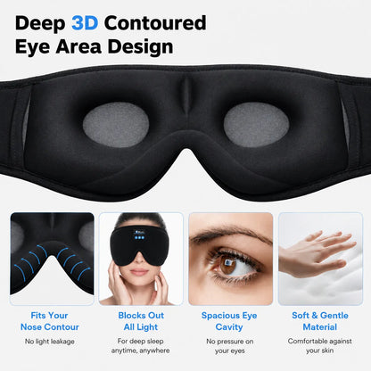 3D-formad sovmask med inbyggda hörlurar som blockerar ljus och ger bekväm passform utan tryck mot ögonen.