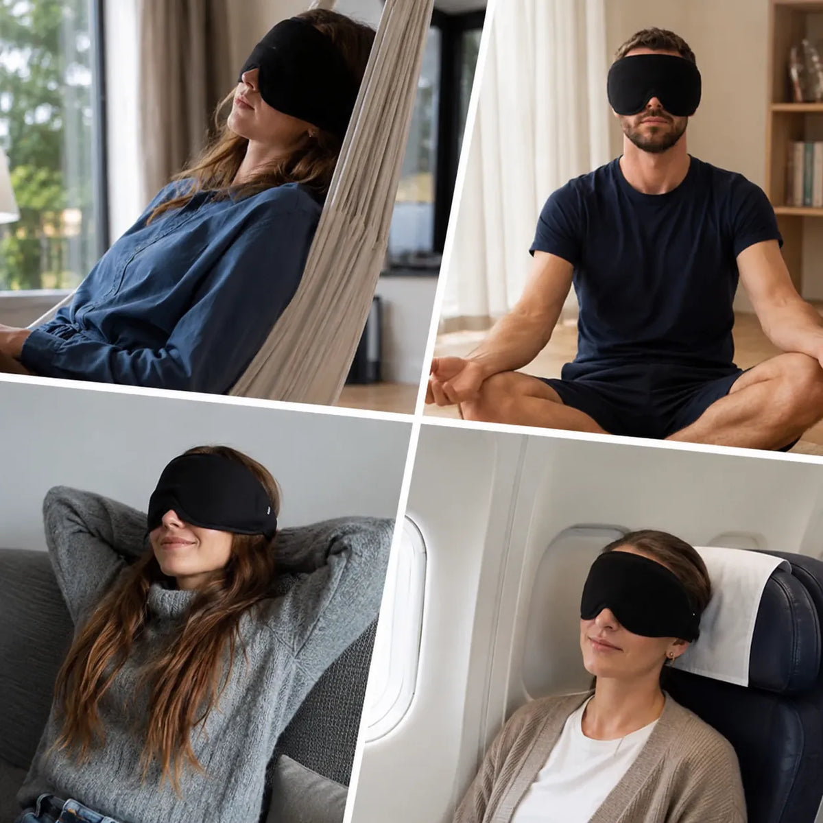 Personer använder sovmask med inbyggda hörlurar för avslappning, meditation, sömn och resor.