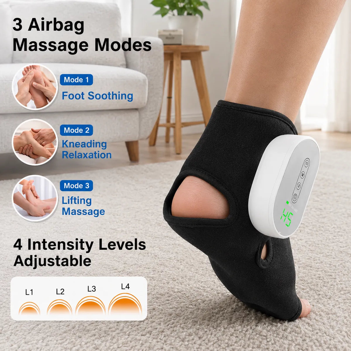 Tre massageprogram för fot och ankel med justerbar intensitet