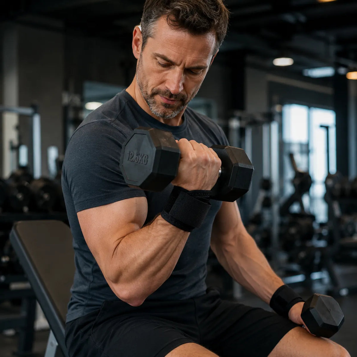 Man tränar med hantlar på gym och använder elastiska handledsstöd för extra stöd.