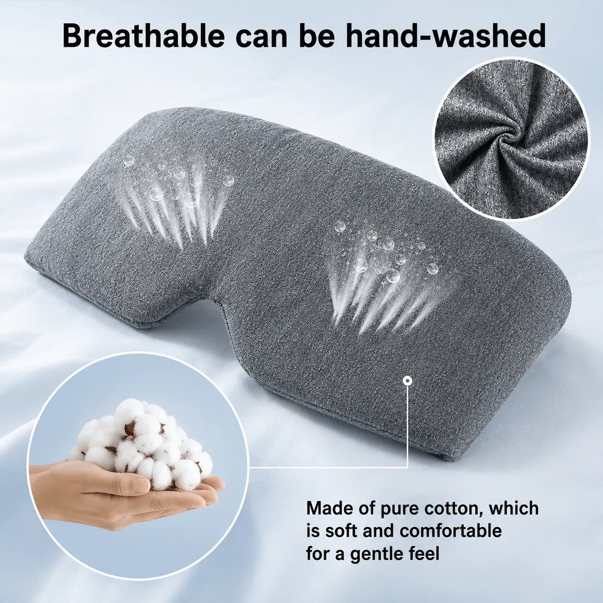 Grå bomullsmjuk sovmask i andningsbart och handtvättbart material.