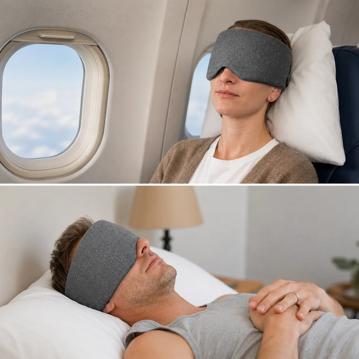 Grå bomullsmjuk sovmask används för bekväm sömn hemma och på flygplan.