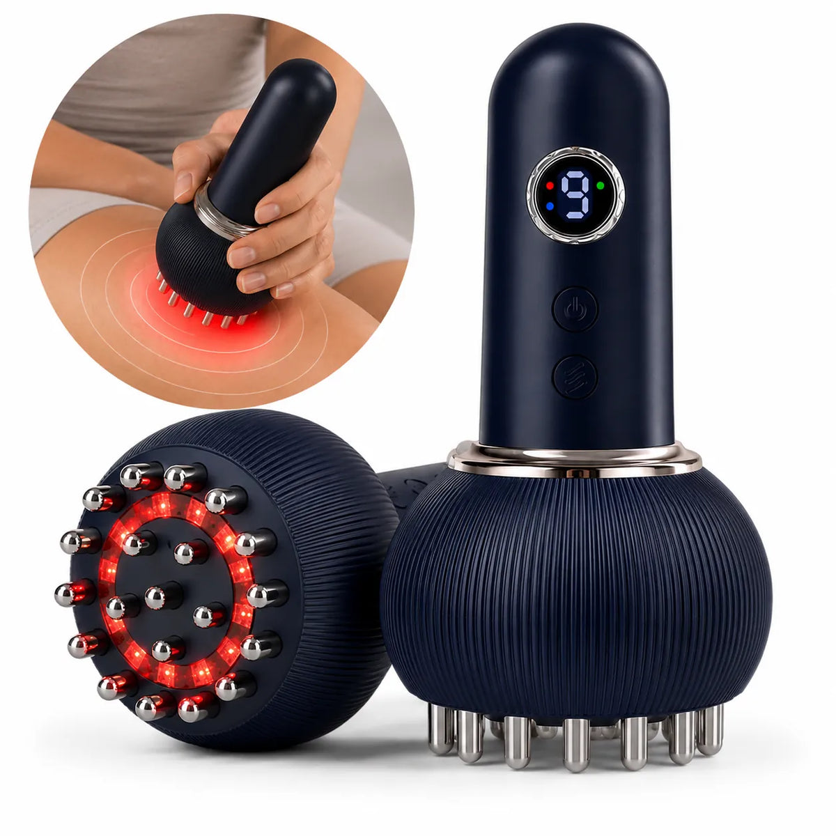 Elektrisk massageapparat med värmefunktion och metallkulor för kroppsmassage, visad tillsammans med användning på benet.