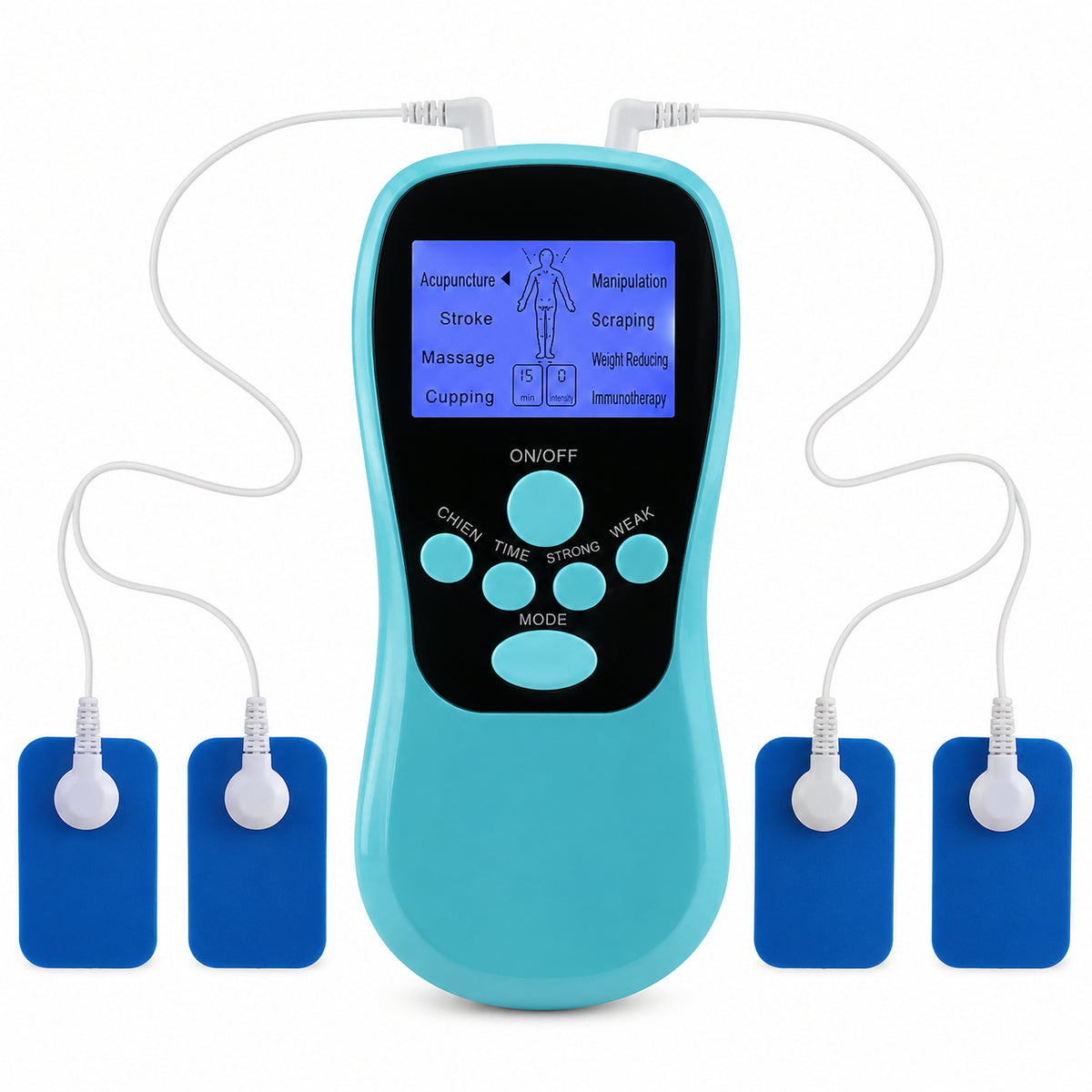 EMS massageapparat med fyra självhäftande elektrodpads och justerbara program.