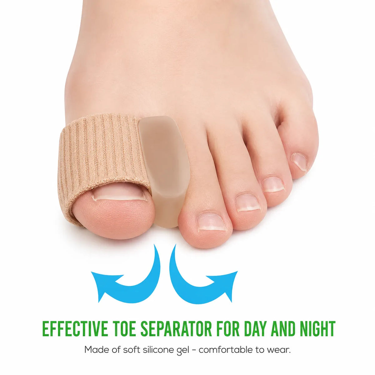 Mjuk tåseparator vid hallux valgus med separatordel i silikon och elastiskt band för bekväm passform.