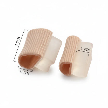 Tåseparator för hallux valgus med mjukt skydd och måttangivelser.