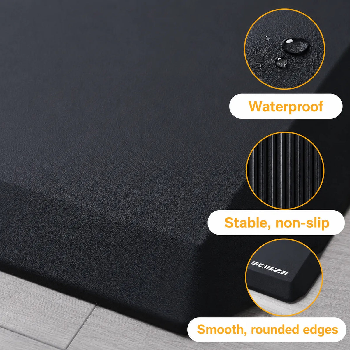 Ergonomisk ståmatta med halksäker, vattentålig yta och rundade kanter.