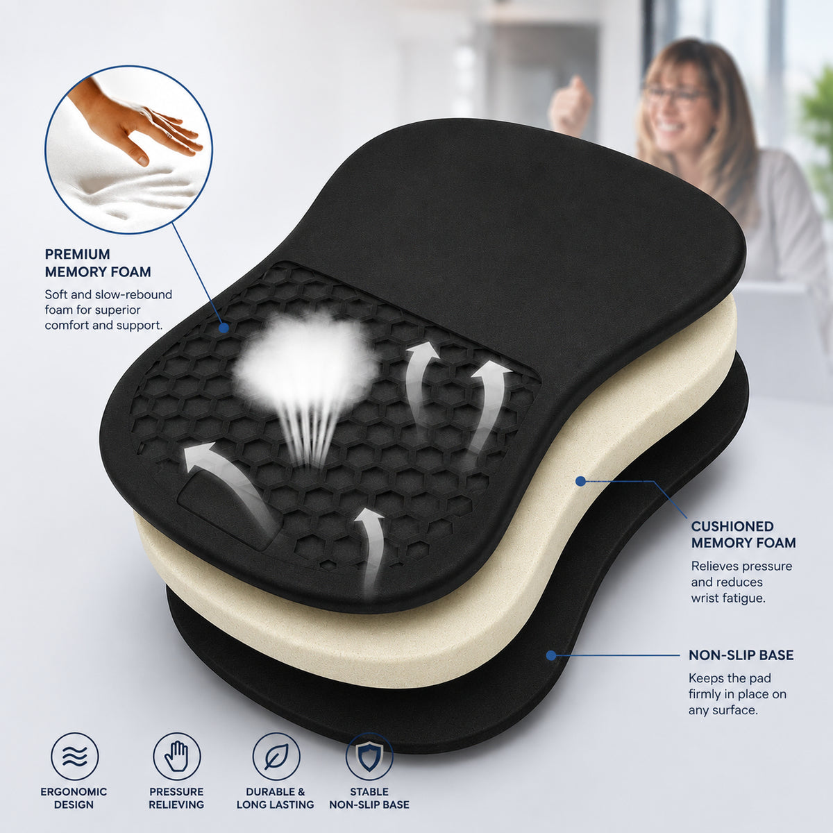 Genomskärning som visar memory foam, ventilerande struktur och halkfri undersida