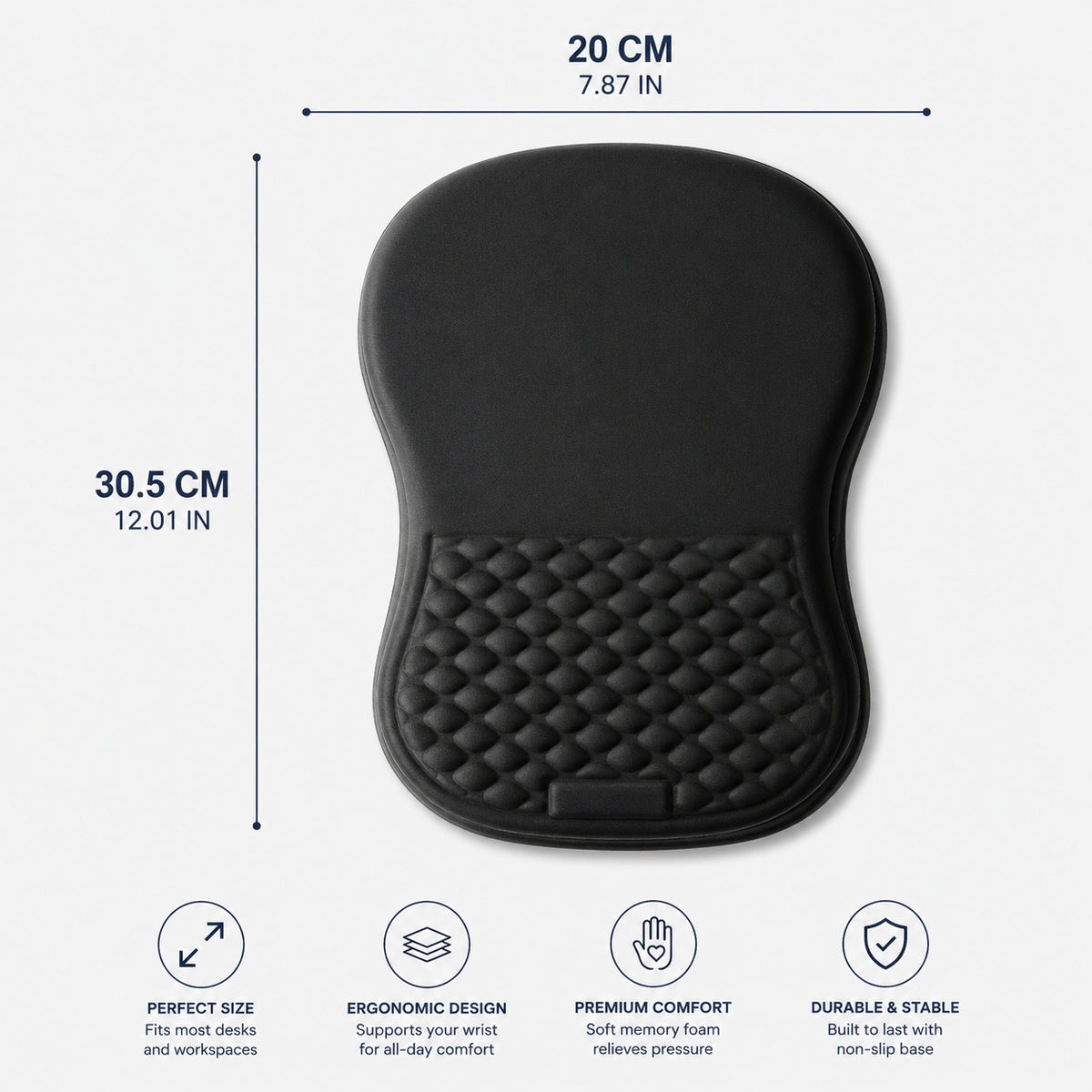 Måttillustration som visar storleken på ergonomisk musmatta med handledsstöd