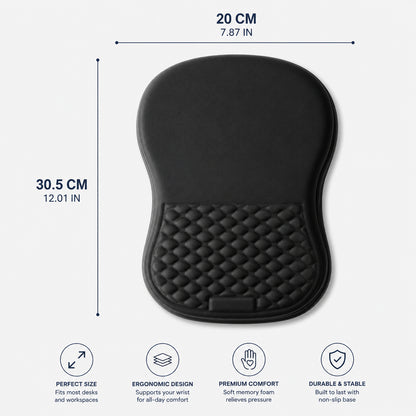Måttillustration som visar storleken på ergonomisk musmatta med handledsstöd