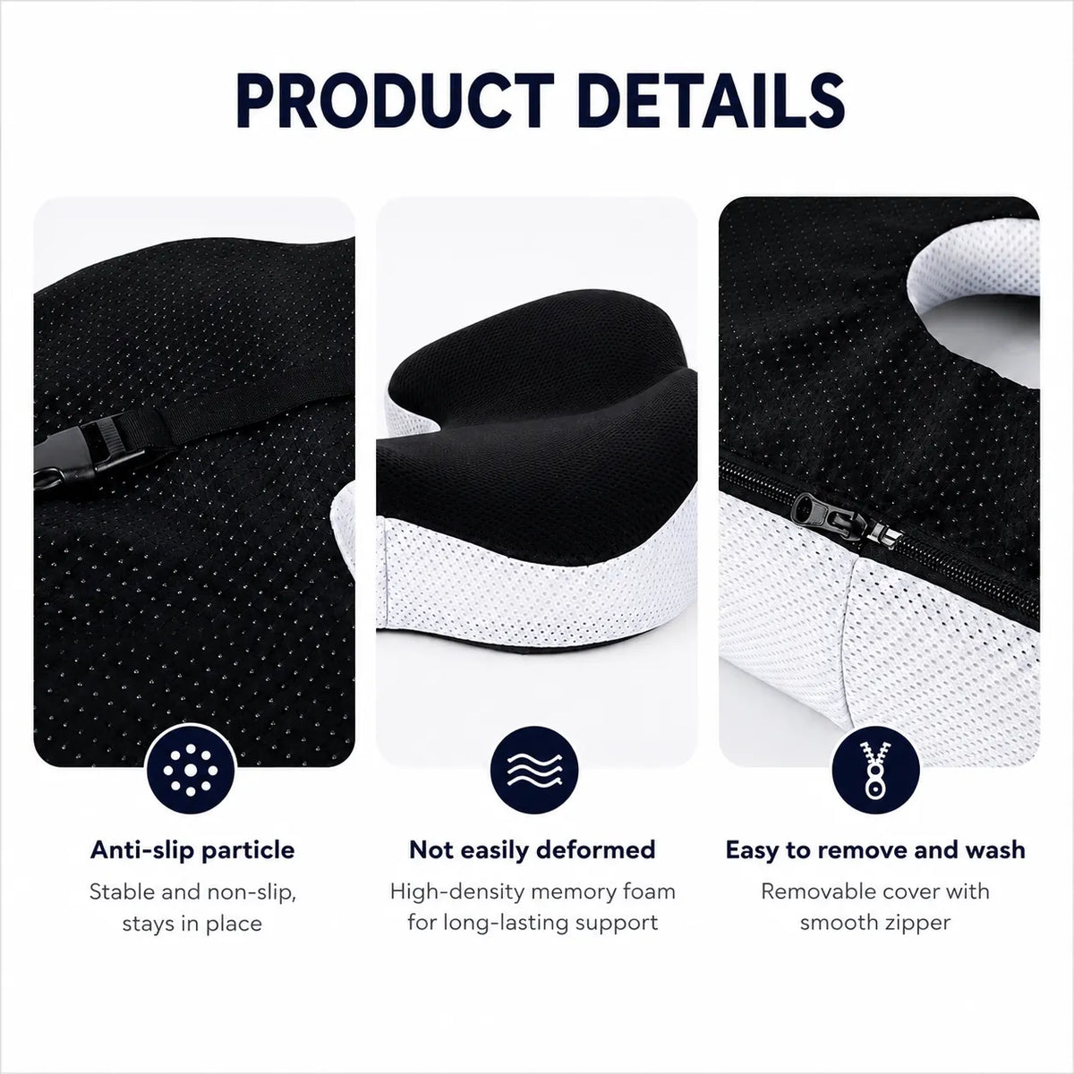 Detaljbilder som visar halkskydd, formstabil memory foam och avtagbart överdrag med dragkedja på den ergonomiska sittdynan