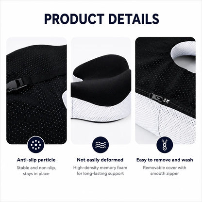 Detaljbilder som visar halkskydd, formstabil memory foam och avtagbart överdrag med dragkedja på den ergonomiska sittdynan