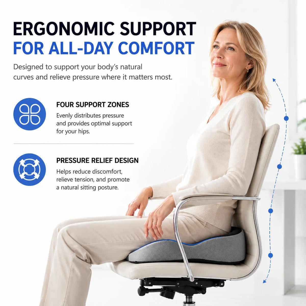 Person använder ergonomisk sittdyna på kontorsstol