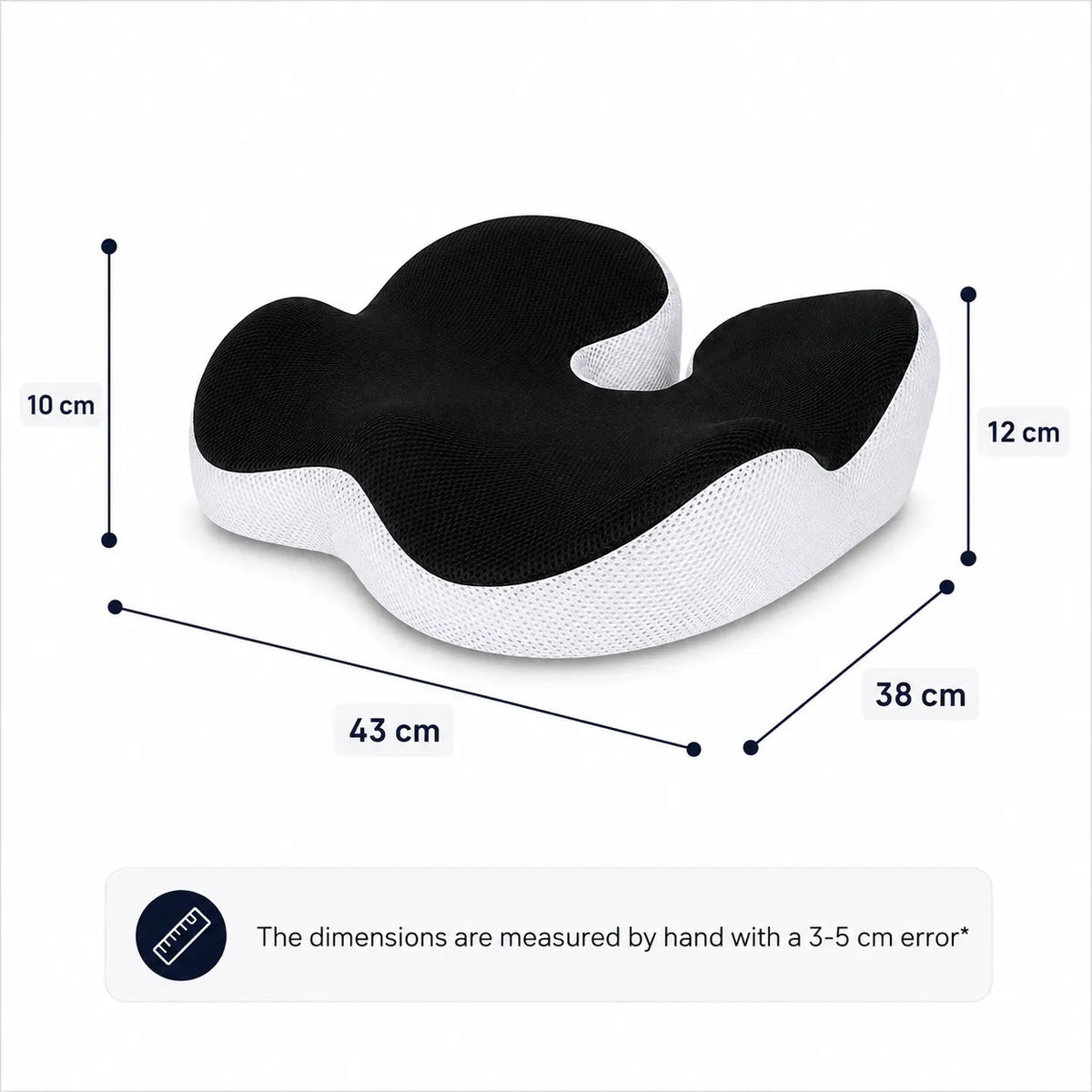 Ergonomisk sittdyna med angivna mått på 43 × 38 cm och en höjd på 10–12 cm