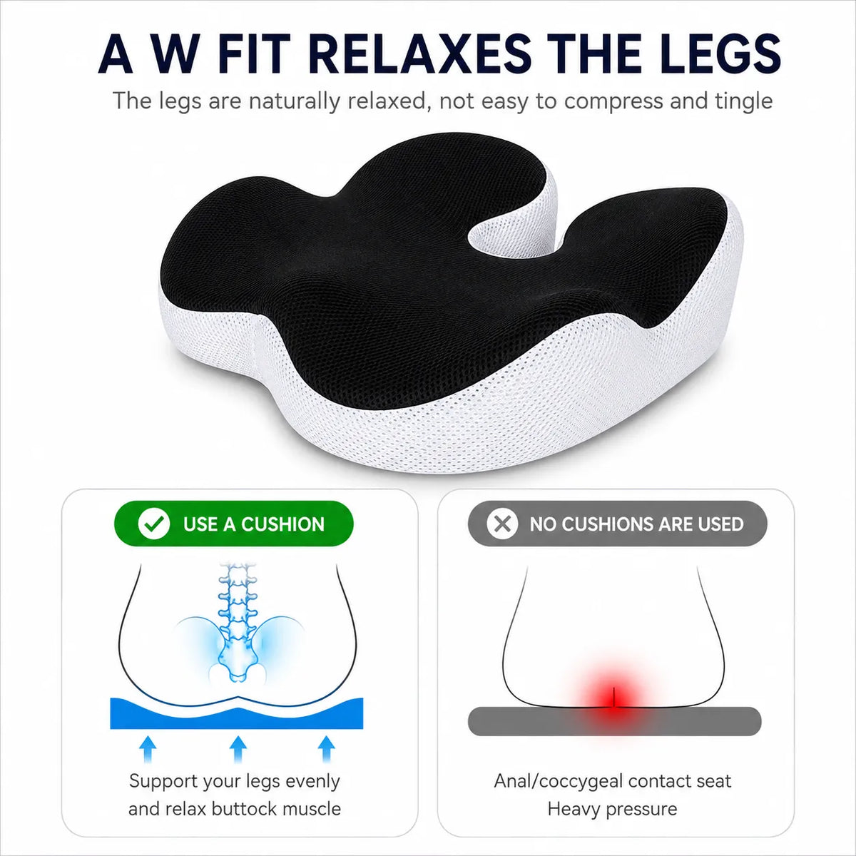 Illustration som visar hur en ergonomisk sittdyna fördelar trycket jämnt och avlastar svanskotan vid sittande