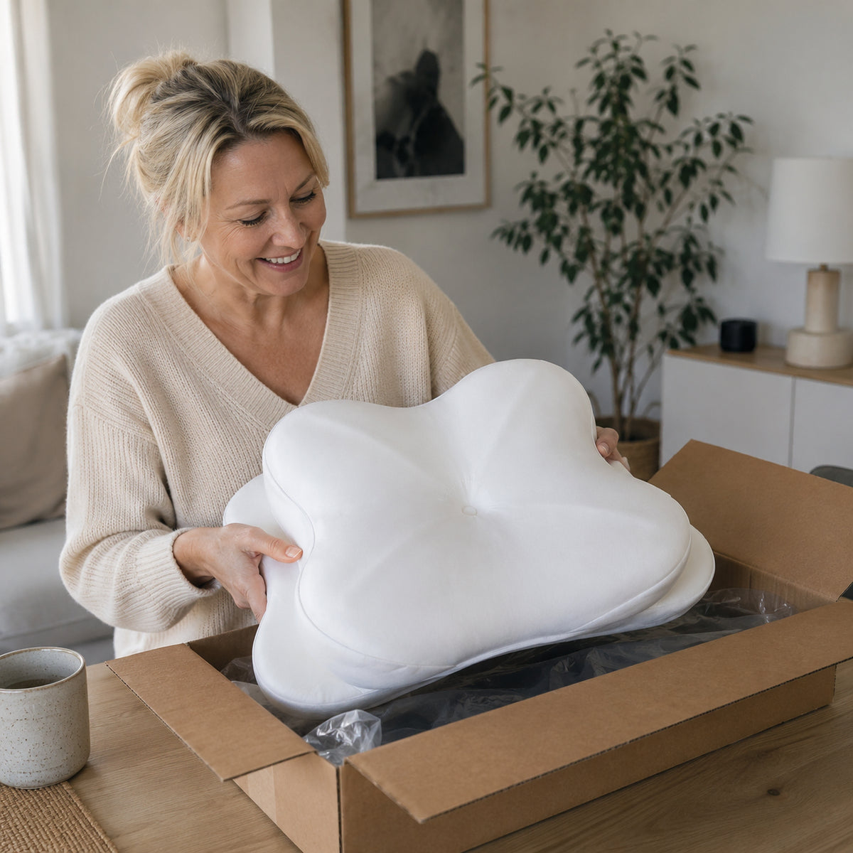 Kvinna packar upp ergonomisk sovkudde
