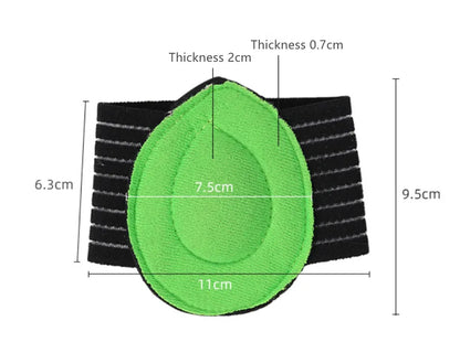 Ergonomiskt fotvalvsstöd med vadderad kudde och måttangivelser för stöd vid plantar fasciit och fotvalvssmärta.