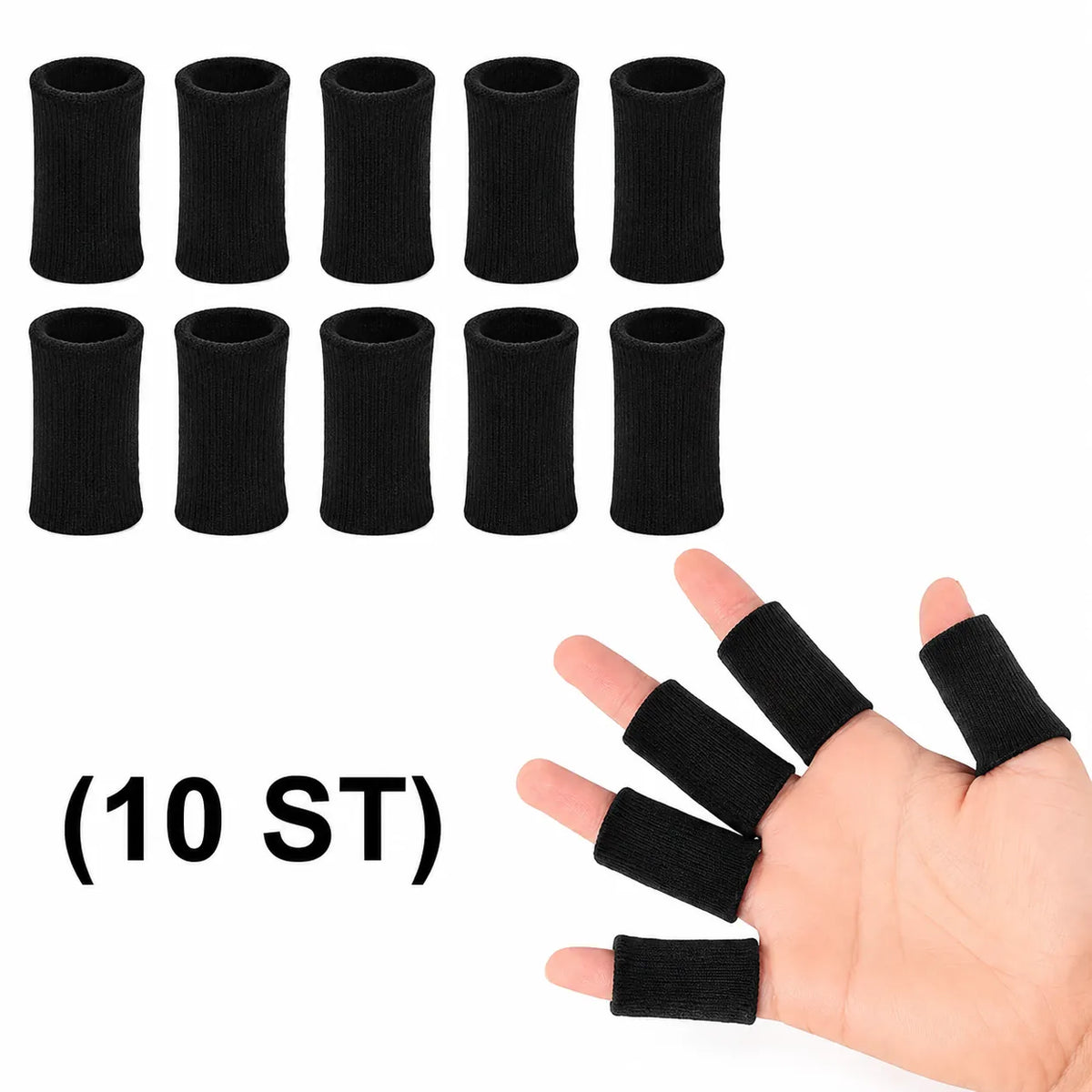 10 fingerkompressionshylsor i elastiskt material som ger stöd, kompression och skydd för fingrar vid daglig användning.