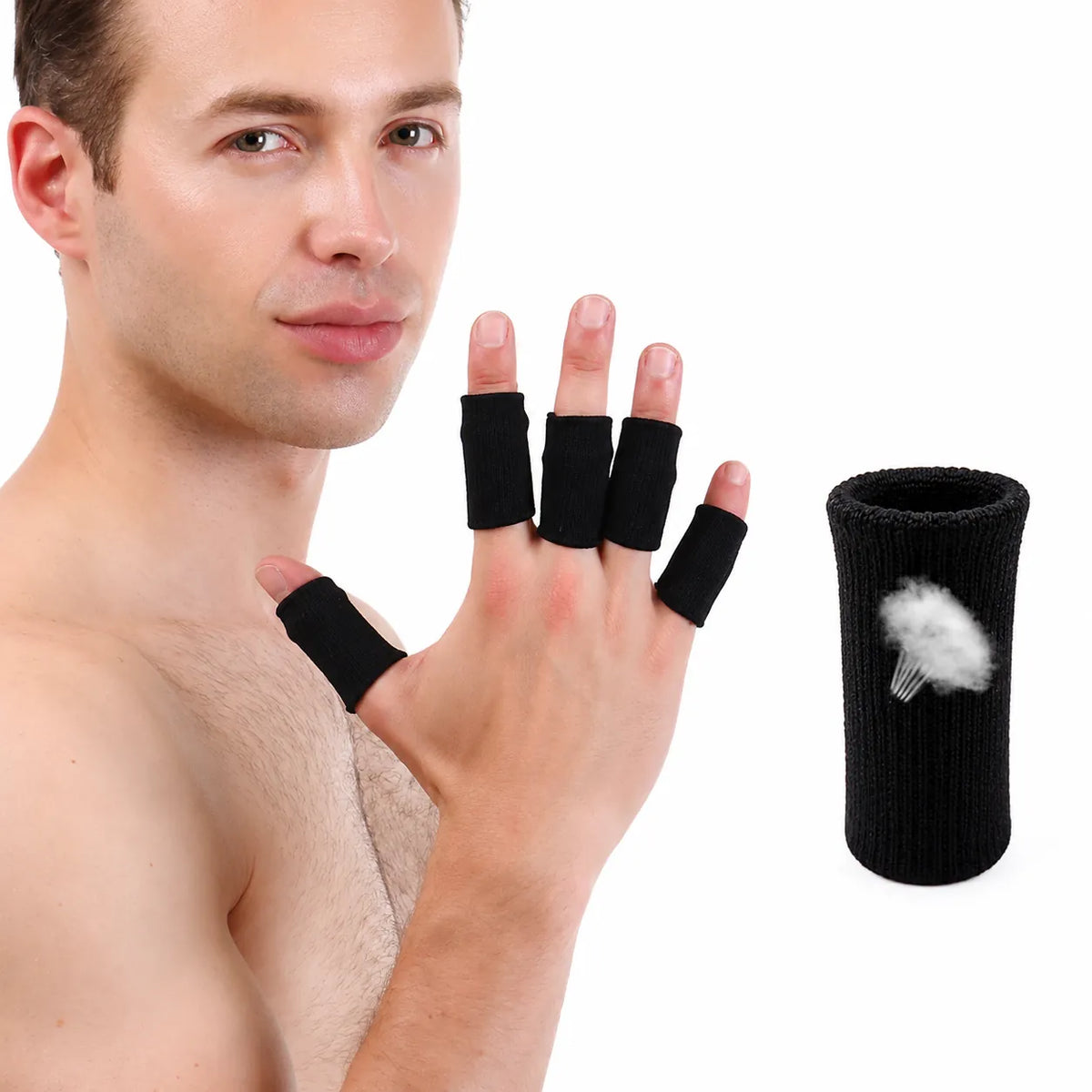 Fingerkompressionshylsor i mjukt och elastiskt material som ger bekvämt stöd, kompression och skydd för fingrarna under hela dagen.