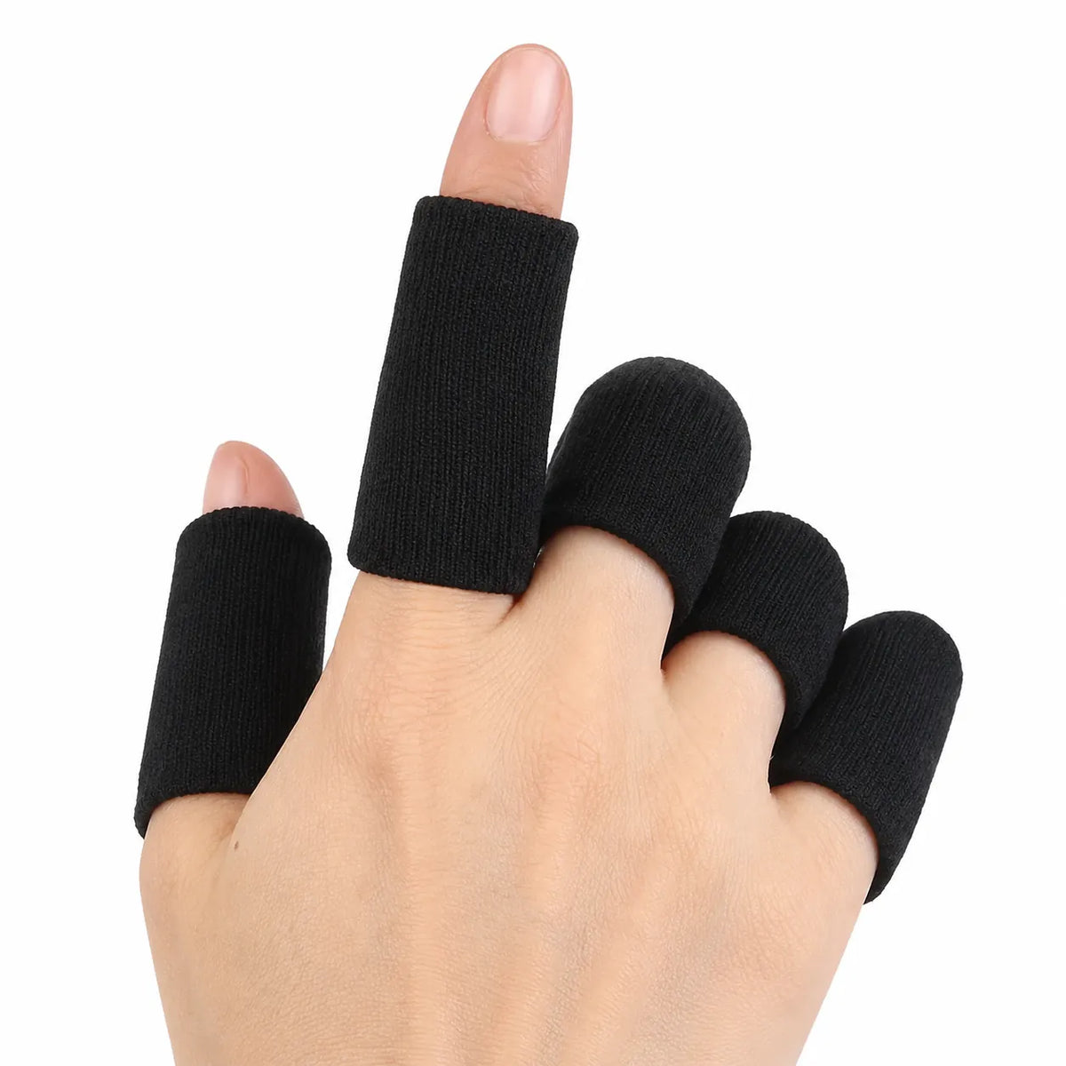 Fingerkompressionshylsor i elastiskt material som ger stöd, lätt kompression och skydd för ömma eller skadade fingrar.