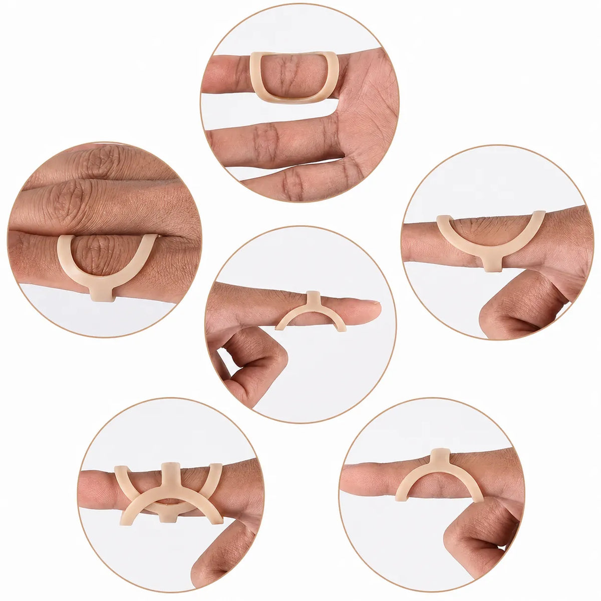 Fingerringar i plast trädda över fingerlederna på flera fingrar.