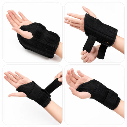 Flexibelt handledsstöd visas från flera vinklar och hur det justeras med kardborreband.