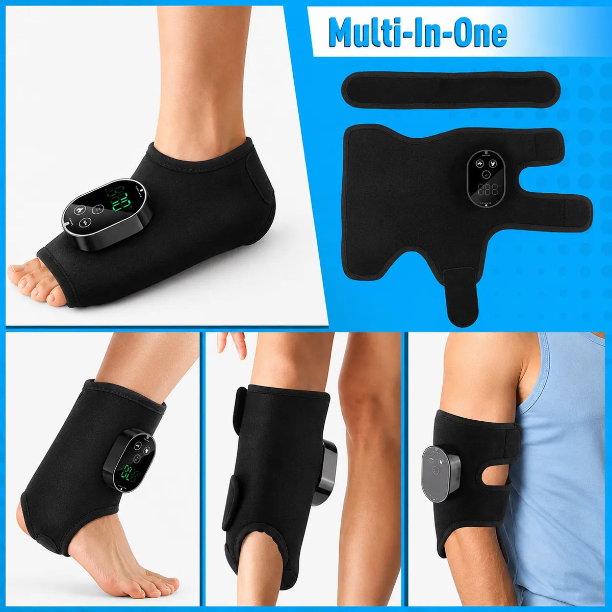 Fot- och ankelvärmare med värme och vibrationsmassage, visad för användning på fotled, vad och arm.