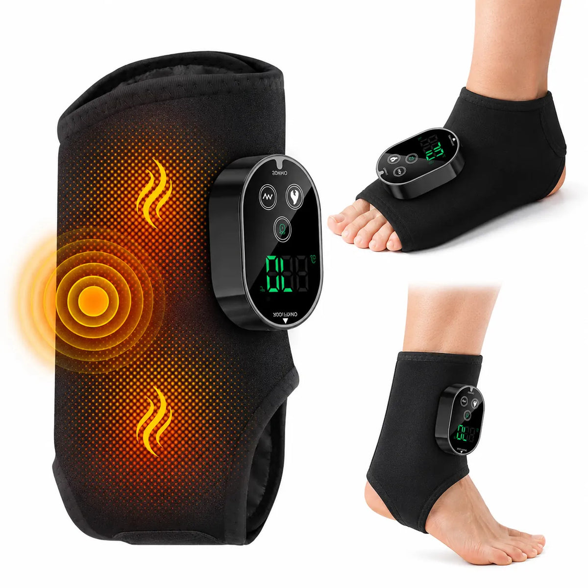 Fot- och ankelvärmare med justerbar värme och vibrationsmassage.