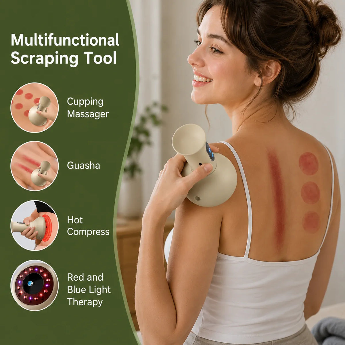 Gua sha-massageapparat med koppning, värme samt rött och blått LED-ljus.