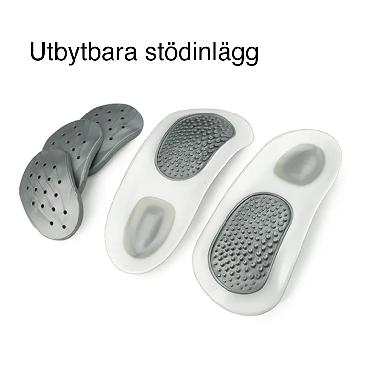 De fyra utbytbara inläggen som ger olika mycket stöd under fotvalvet.
