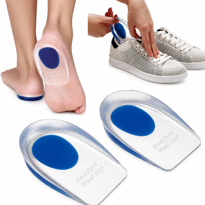 Stötdämpande hälinlägg i genomskinlig silikongel med blå mjuk kärna – visas i par, på hälen och när det läggs i en sneaker.