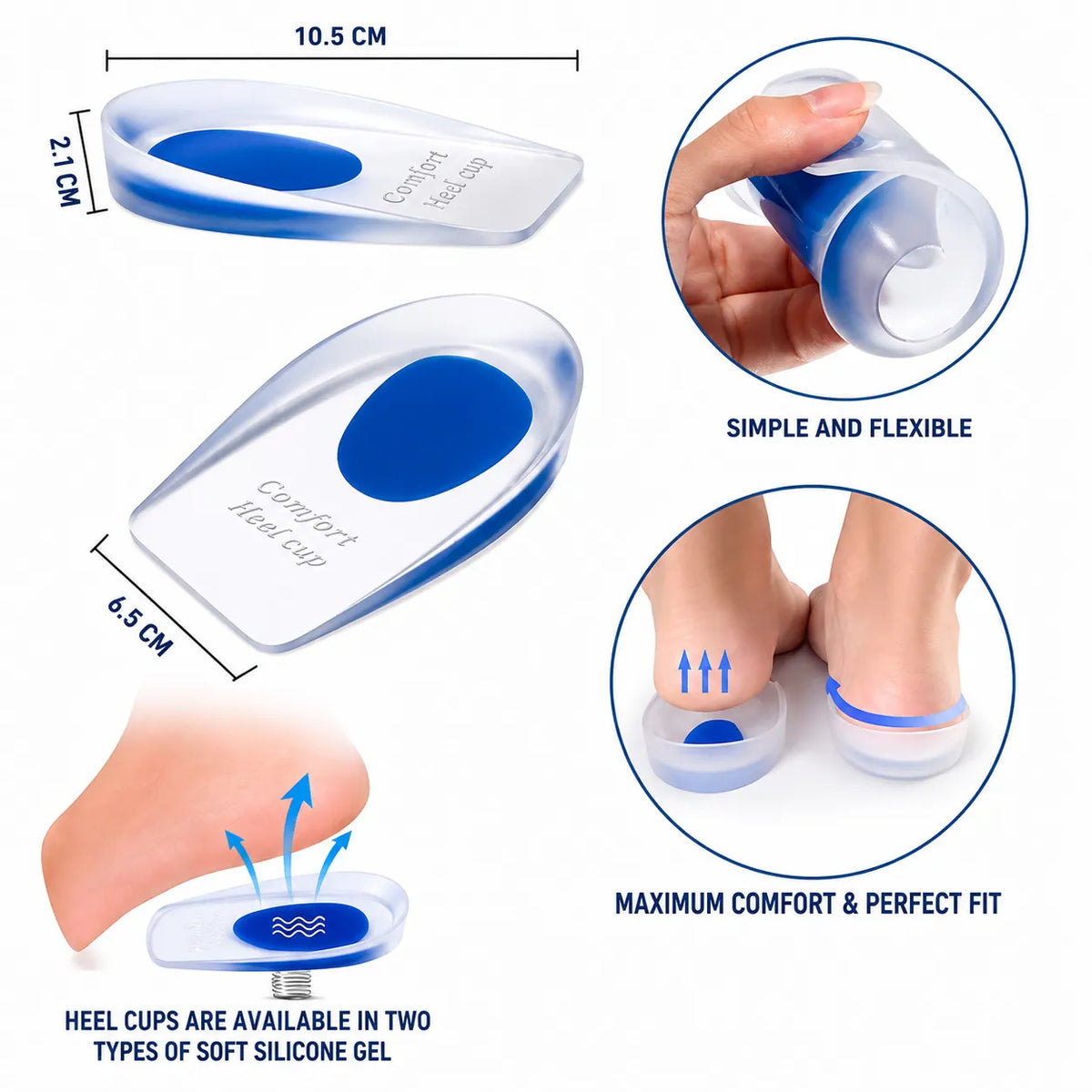 Hälinläggets mått i centimeter, den böjbara silikongelen och placeringen under hälen.