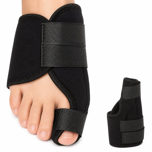 Hallux valgus nattstöd med justerbara remmar som ger stöd och hjälper till att hålla stortån i ett mer neutralt läge.