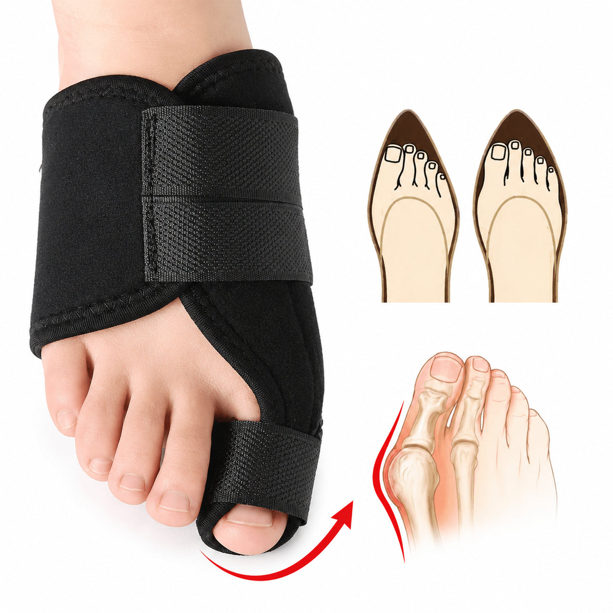 Hallux valgus nattstöd som hjälper till att hålla stortån i ett mer neutralt läge under vila och natt.