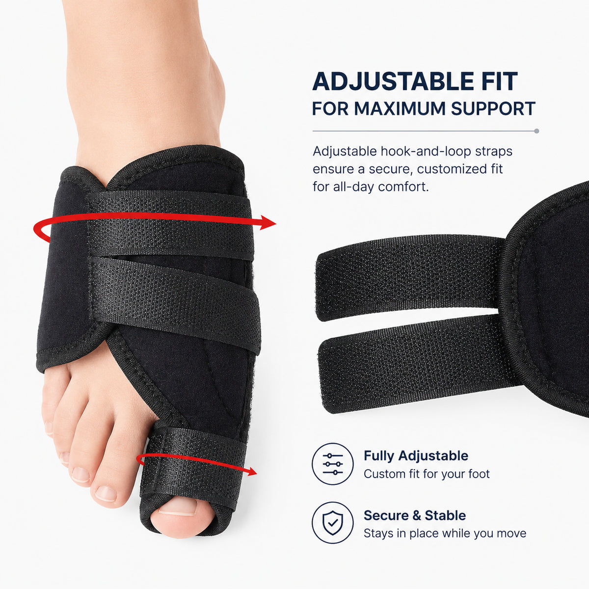 Hallux valgus nattstöd med justerbara remmar för individuell passform och stabil placering på foten.