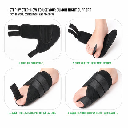 Steg-för-steg-guide som visar hur hallux valgus nattstödet sätts på och justeras runt fot och stortå.