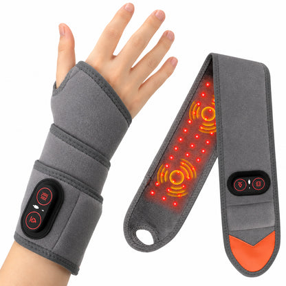 Handledsband med rödljusterapi, värme och vibrationsmassage i mjuk justerbar design.