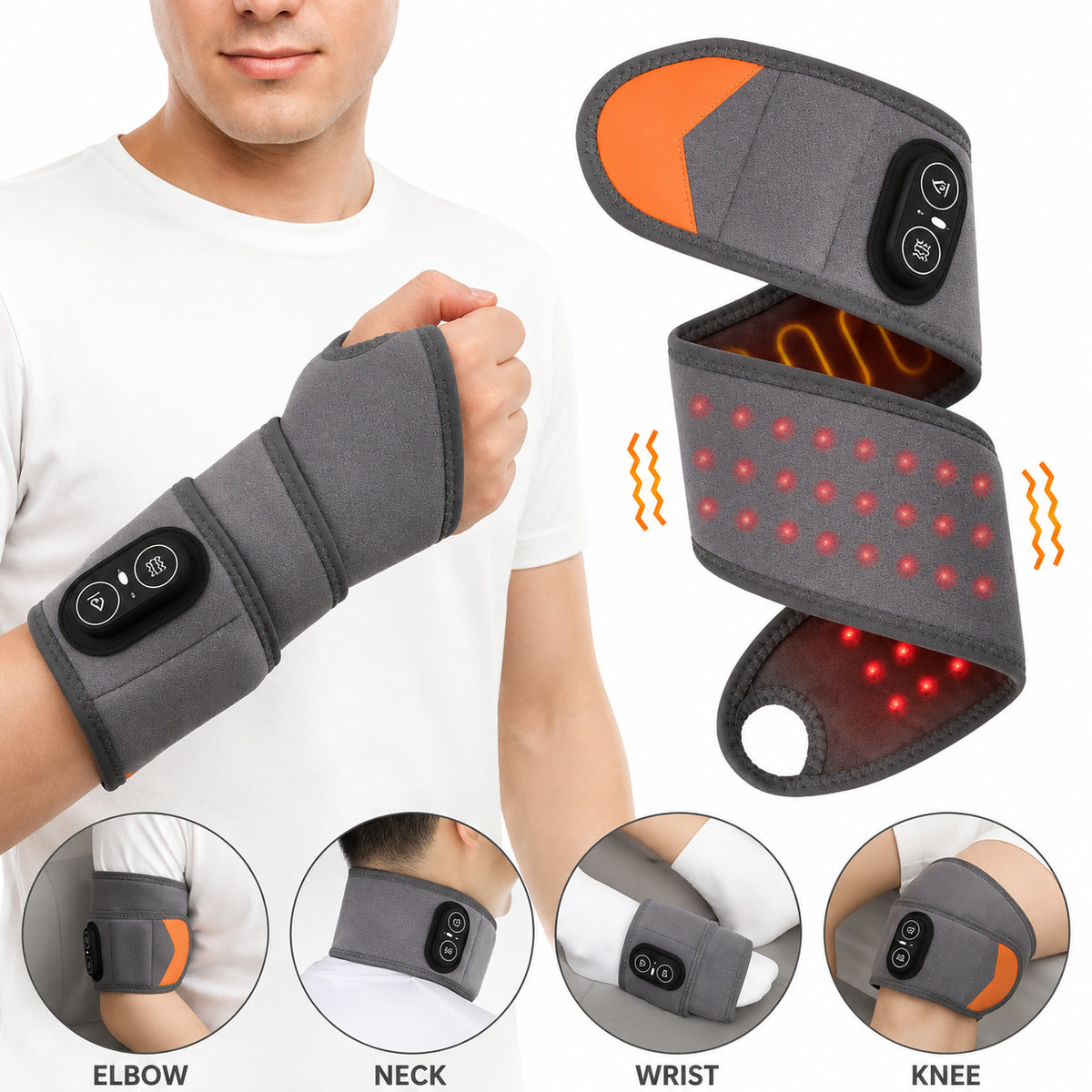 Person använder handledsband med rödljusterapi, värme och vibrationsmassage med justerbar passform.