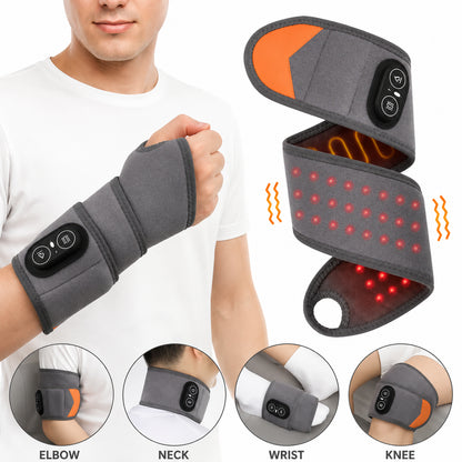 Person använder handledsband med rödljusterapi, värme och vibrationsmassage med justerbar passform.