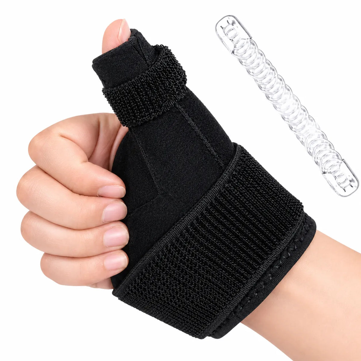 Svart handledsstöd med tumstöd och stabiliserande skena