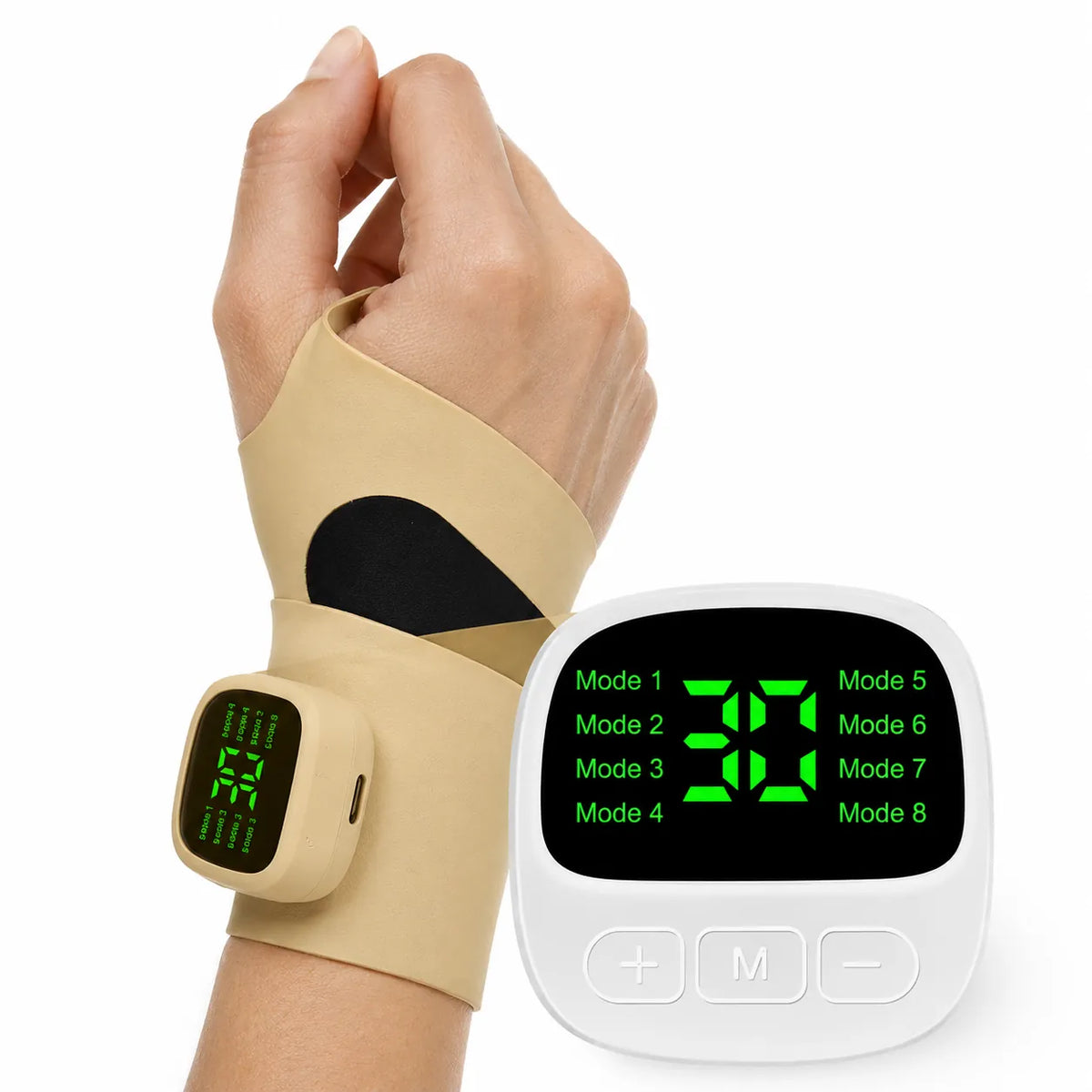 Handledsstöd med vibrationsfunktion och digital display med flera valbara vibrationslägen.