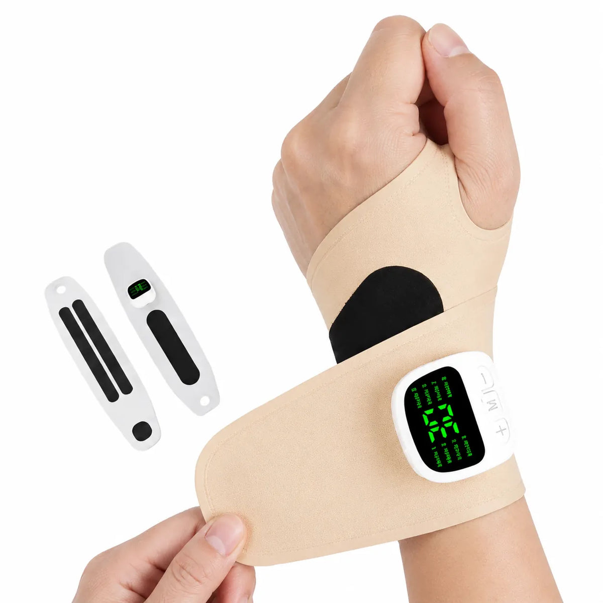 Handledsstöd med vibrationsfunktion, digital display och justerbar omlottkonstruktion runt handled och tumme.