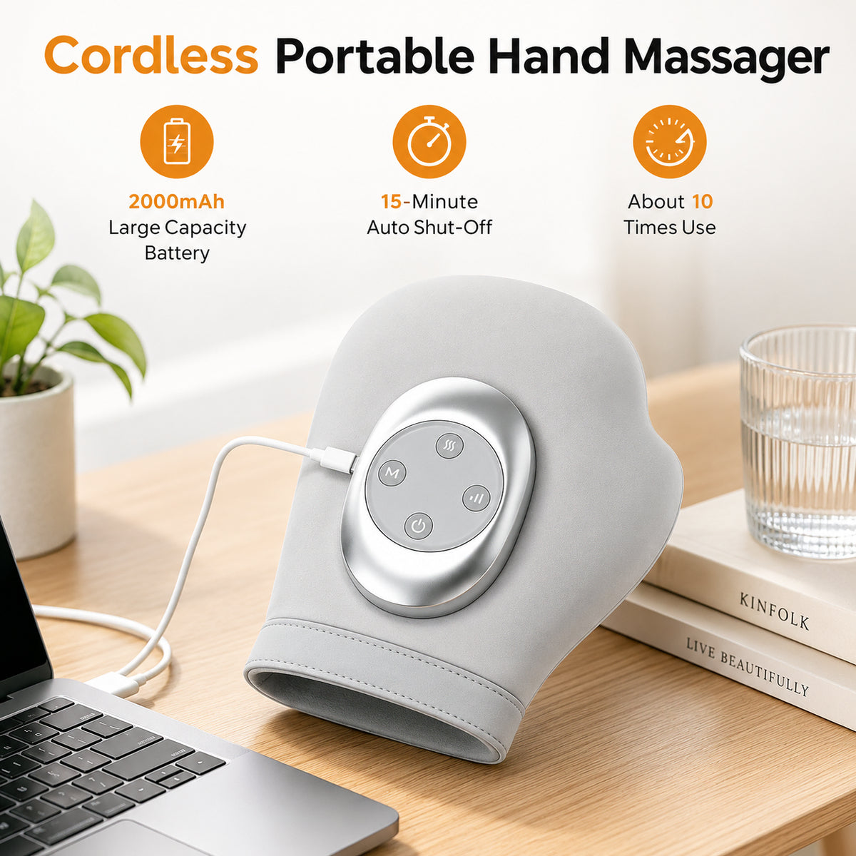 Uppladdningsbar handmassageapparat med USB-C-laddning och 2000 mAh batteri