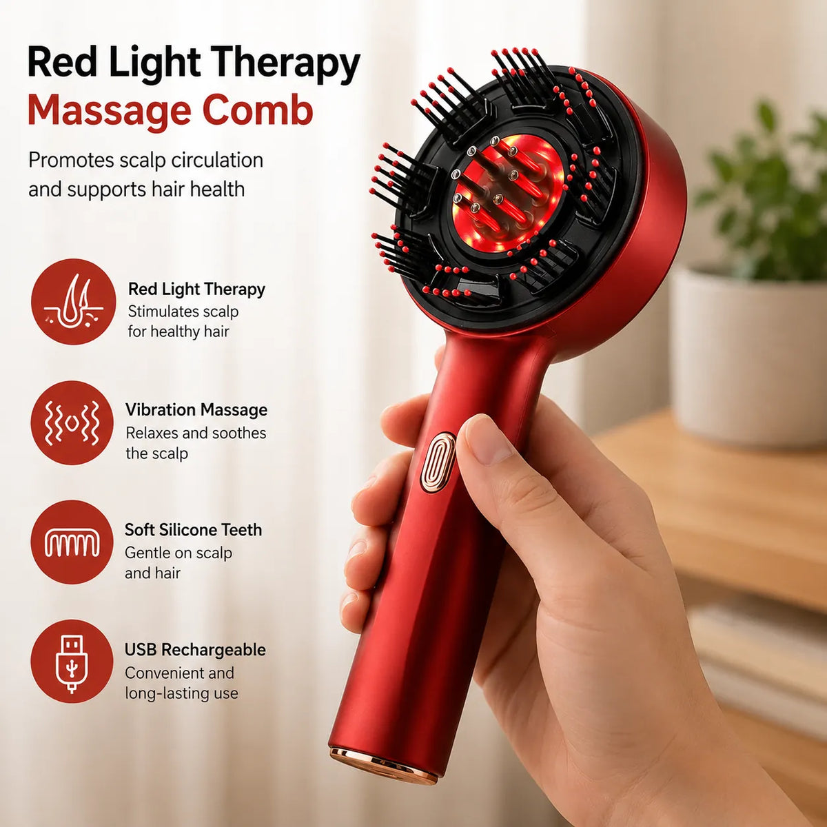 Hårbottenmassage med rödljus, vibrationsmassage och mjuka silikonpiggar för hårbotten.