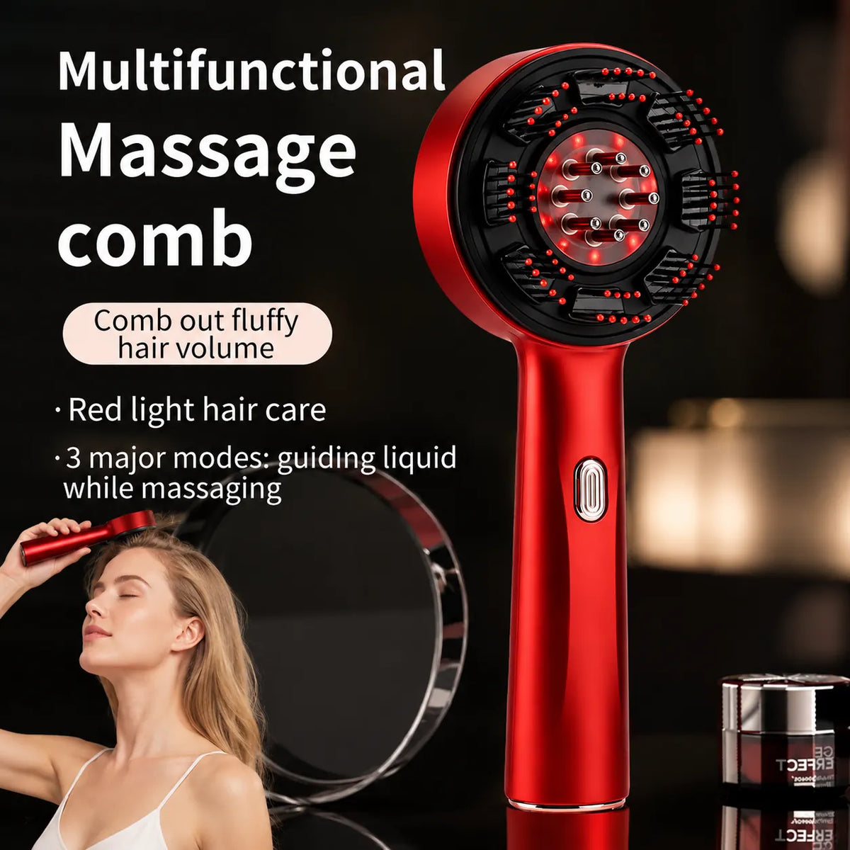 Röd massageborste för hårbotten med vibrationsmassage