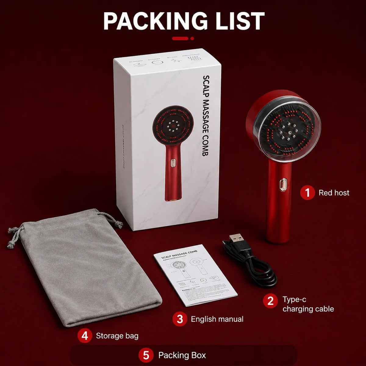 Hårbottenmassage med rödljus, USB-C-laddningskabel, bruksanvisning, förvaringspåse och produktförpackning.